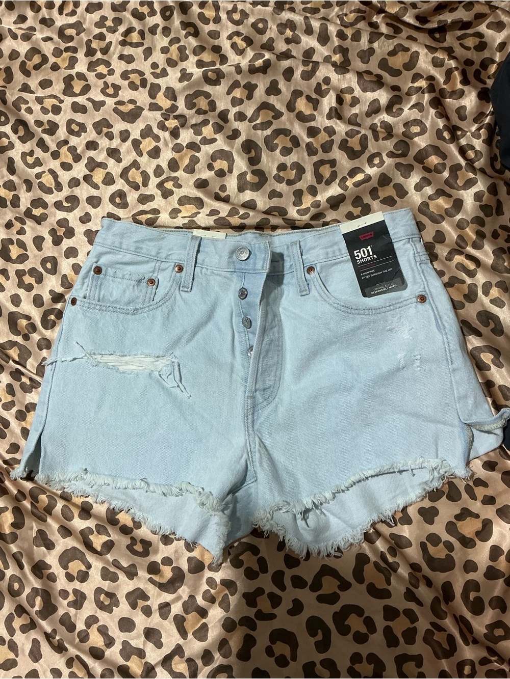 501 Levi's Light Blue Distressed Button-Fly Denim Shorts